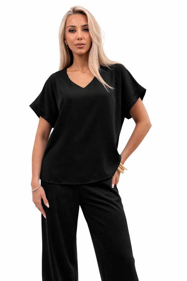 Bluzka Damska Elegancka V-neck Luźna Wizytowa Krótki Rękaw Premium - czarny